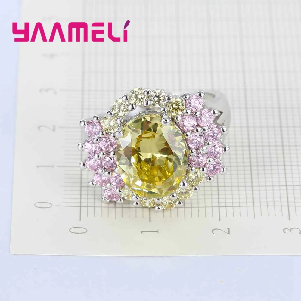 Brand Yellow Stone Decorated With Pink Crystal Cubic Zirconia 925 Sterling Silver Ring For Wedding Valentine\'s Day Gift