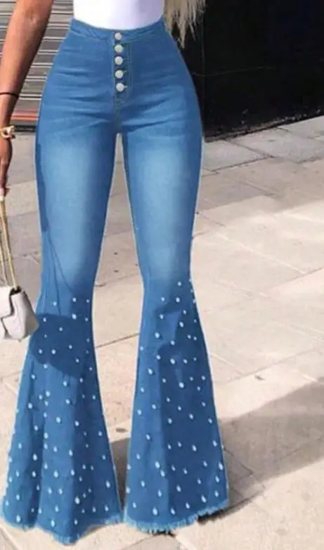 

New Elastic Jeans, Casual Nail Bead Flared Pants
