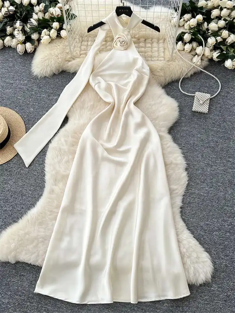 BabYoung الساتان حزب المرأة حمالة عالية الجودة الشريط تصميم فستان الشمس السيدات الصيف مثير 3D الأزهار الرسن اللباس