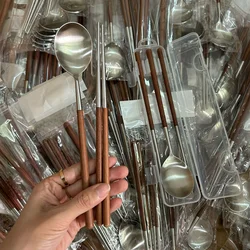 304 stainless Steel Metal Portable Cutlery Spoon Chopsticks Serving Dinner Set Wooden Handle Tableware With Box