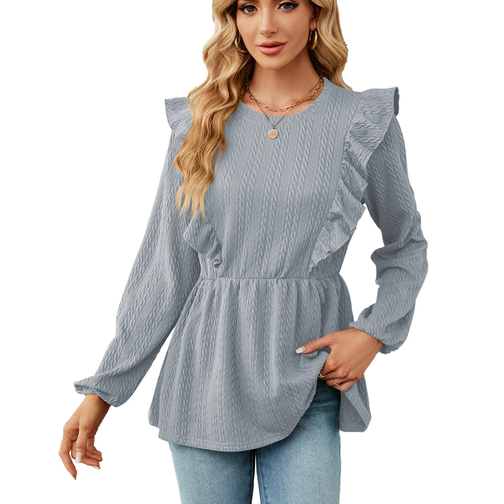 

2023 New Autumn and Winter Women's Fashion Elegant Solid Color Pleated and Comfortable Versatile Round Neck Long Sleeve T-shirt