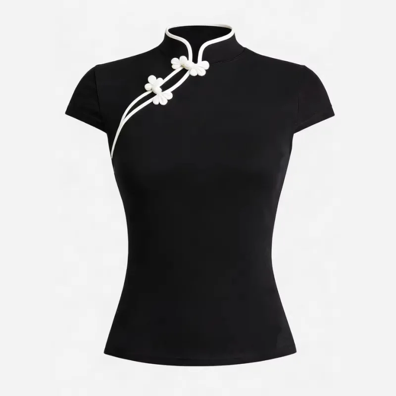 Summer Chinese Style Improved Cheongsam Top 2000s subculture Harajuku women's Chinese Style Buckle Slim fit short sleeve T-shirt