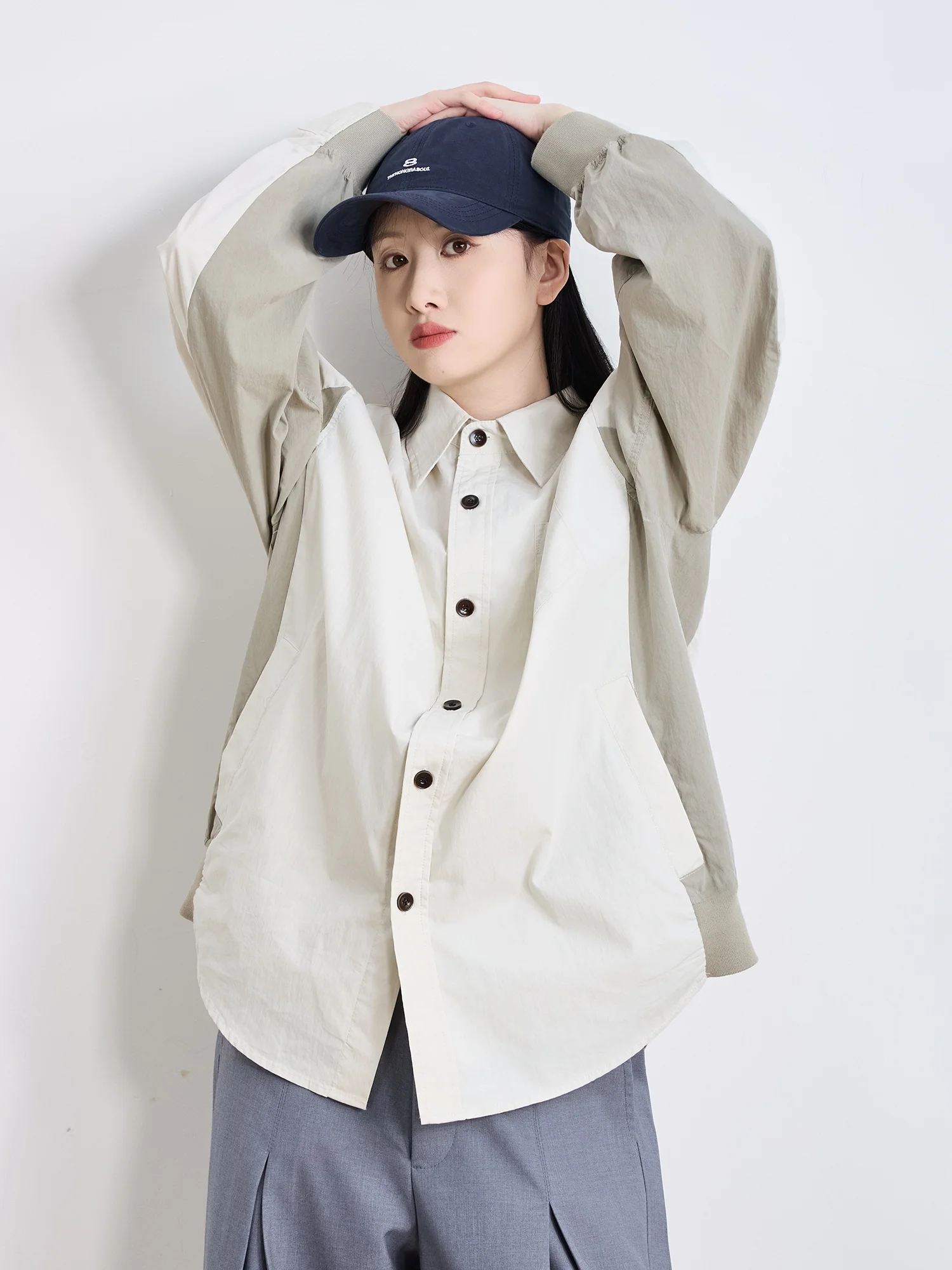 

Retro Color Blo Long Sve irt Spring Autumn Loose Fit Thin Cotton Blend Casual Sle ex Lazy Sle Top