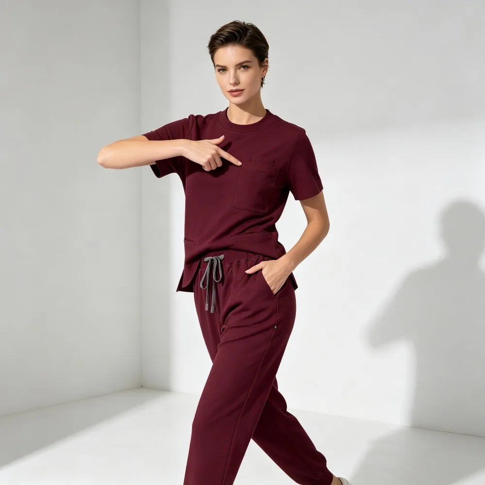 Women High Stretch Work Suit, Short Sleeve Top & 3 Pockets Drawstring Jogger Pants, Comfort Daily Workwear
