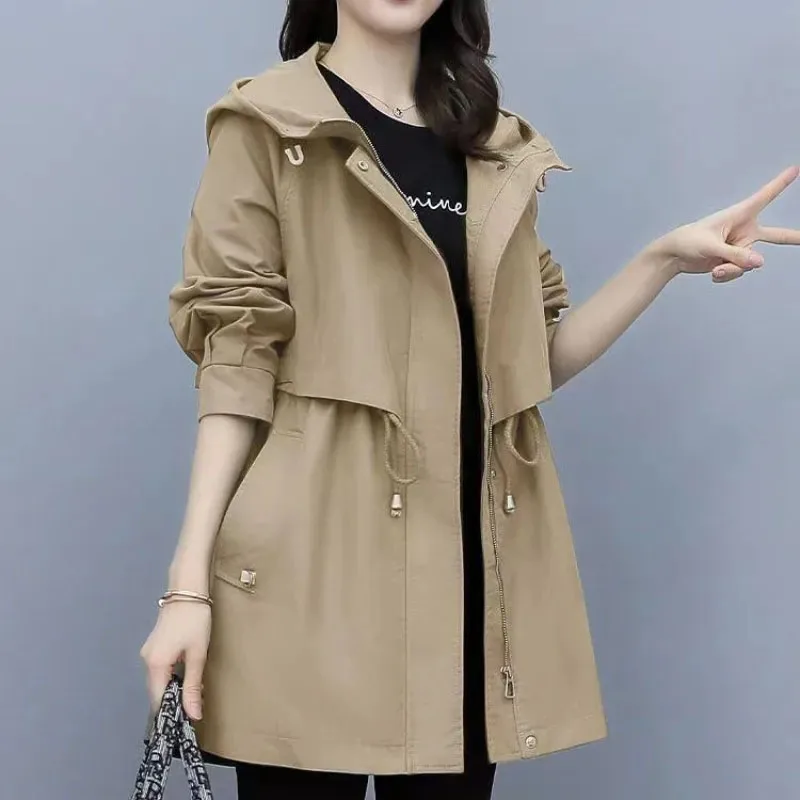 Women Autumn Hooded Trench Coat Fashion Drawcord Loose Pocket Solid Jacket Korean Office Lady Mid Length Casual Outerwear