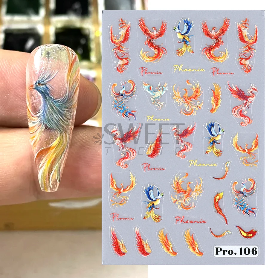 Fire Phoenix Dragon New Year Nail Sticker Red Lucky Koi Chinese Character Cartoon Adhesive Decal Spring Decorative Tips Supplies