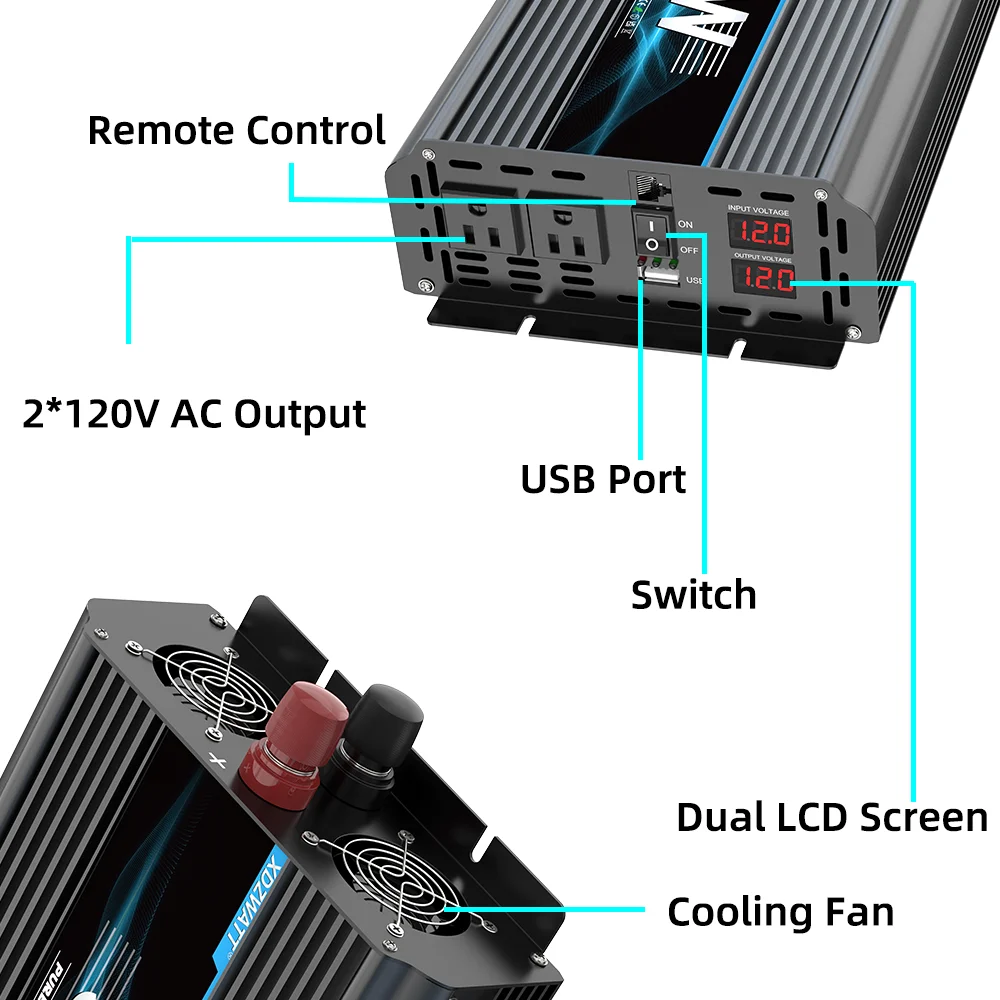 DC 12V 24V AC 120V 5000W Output Inverter Pure Sine Wave Solar Power System Inversor Converter For Outdoor Camping Caravans