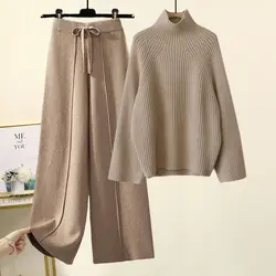 Autumn Winter Daily Casual Joker Knitwear Matching Set Lady Loose Sweater Pullovers Wide Leg Pant Suits Knit Top Trousers Outfit