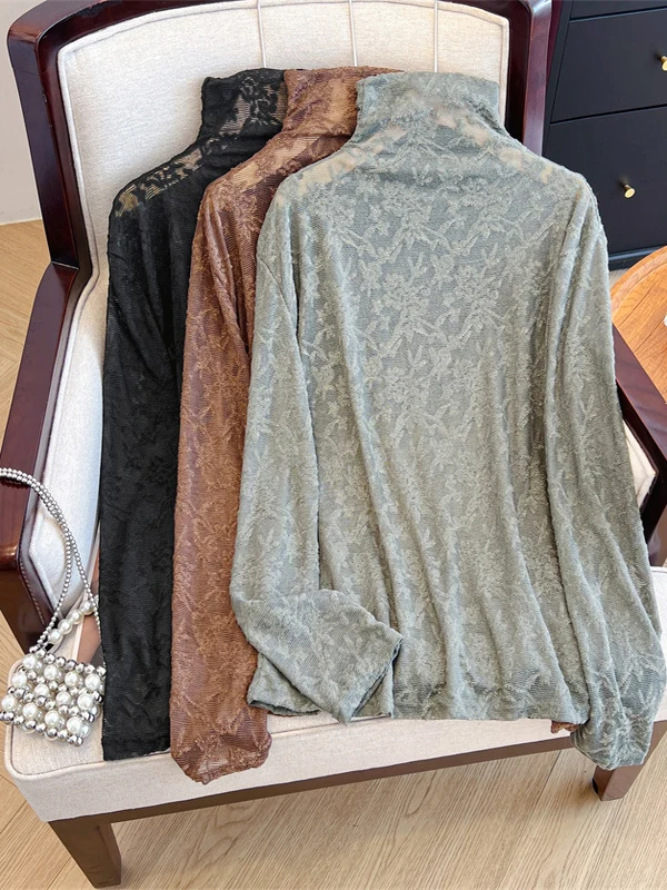 

Fall New Sle Embroidered Faionable Me Base irt Large Size Women's Semi High Collar Thin Lace Inner Wear T-irt