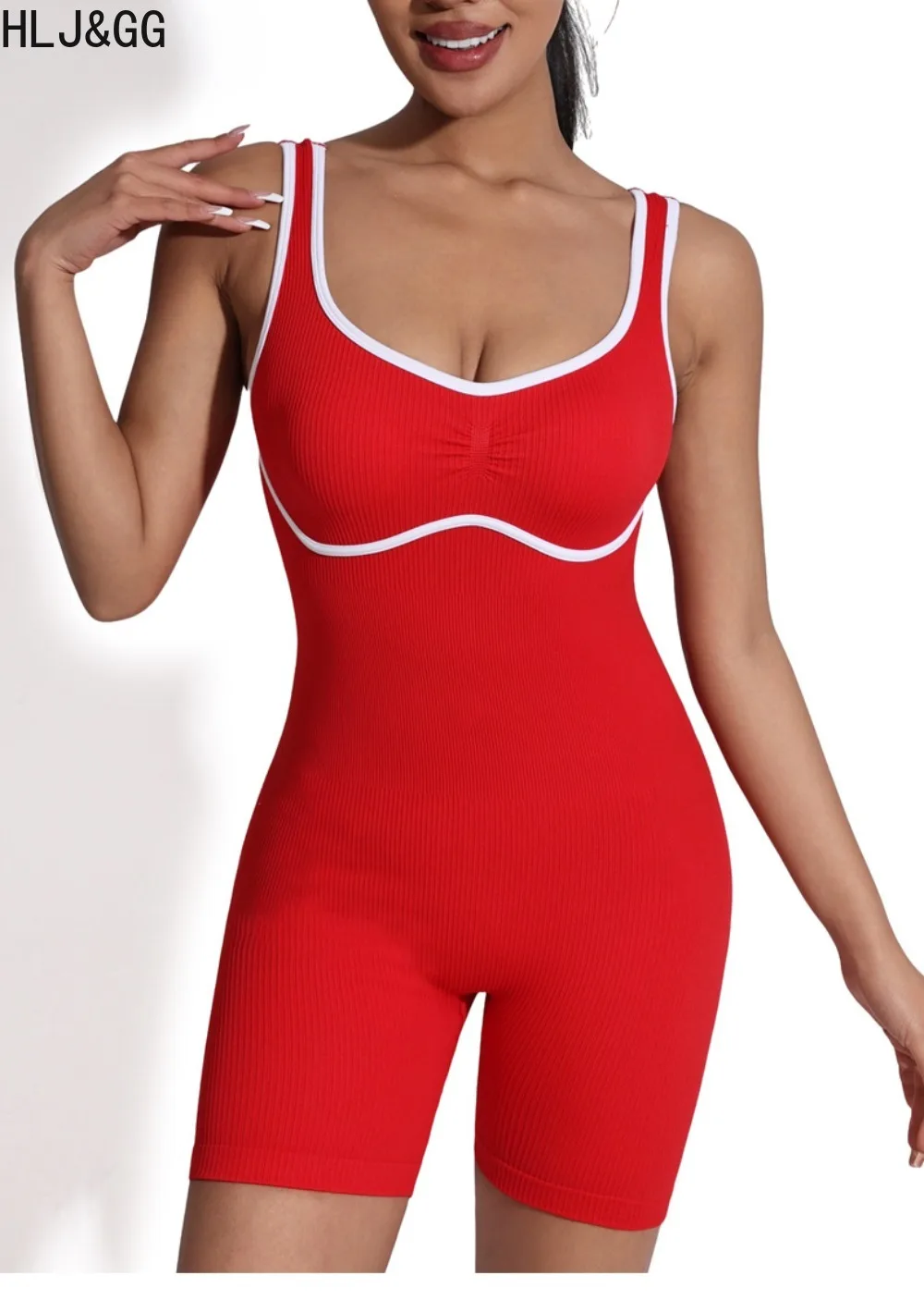 HLJ&GG Fashion Stitching Solid Bodycon One Piece Rompers Women V Neck Spaghetti Strap Slim Sporty Jumsuit Female Jogger Overalls