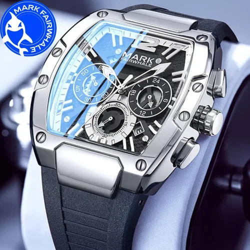 Relojes MARK FAIRWHALE para hombre 5950 Tonneau Dial nuevos relojes de pulsera de cuarzo tendencia deportiva cronógrafo luminoso reloj impermeable para hombre