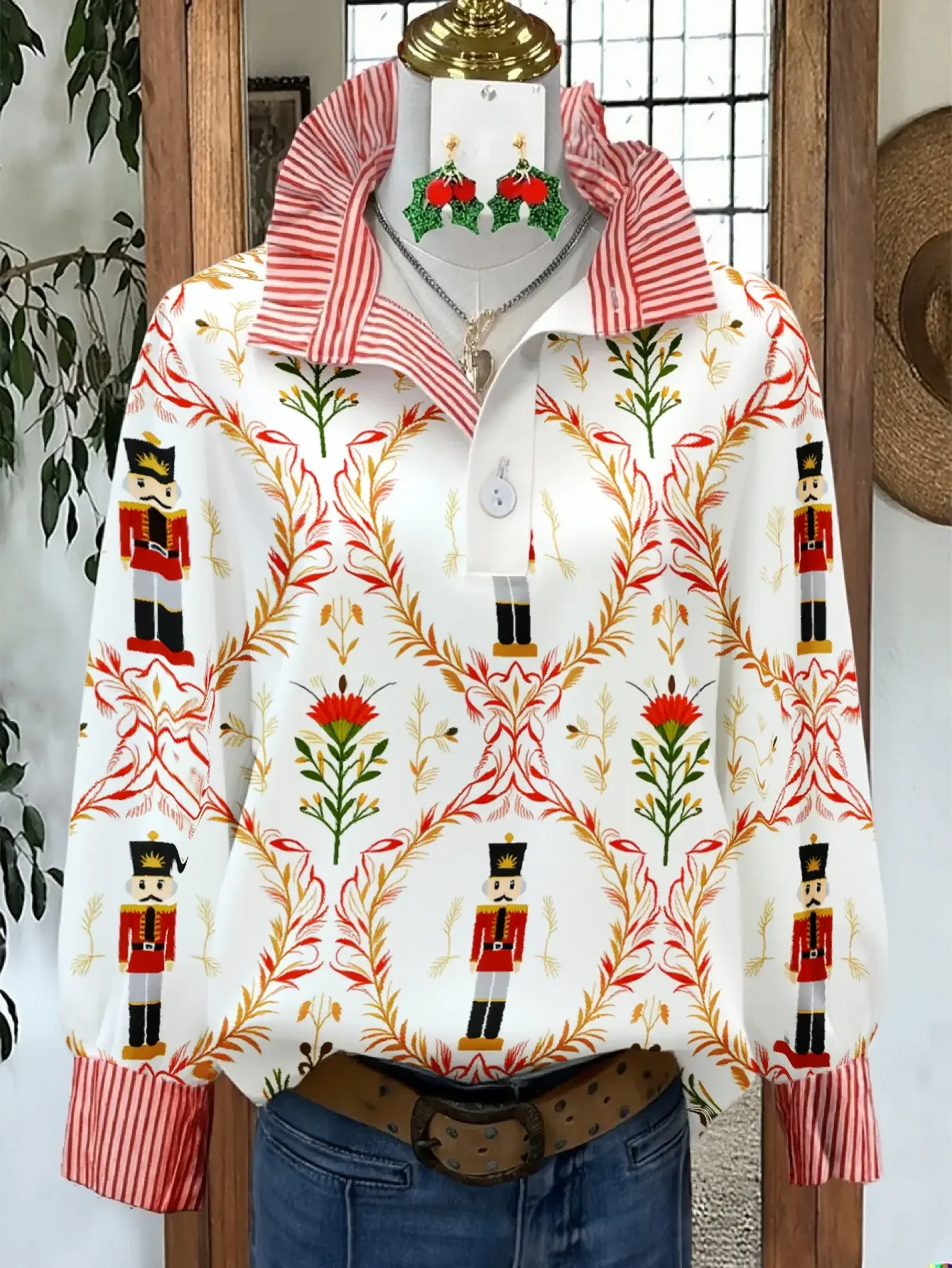 

Women's plus size floral print stand up collar shirt, stand up collar style, personalized fashion pattern,