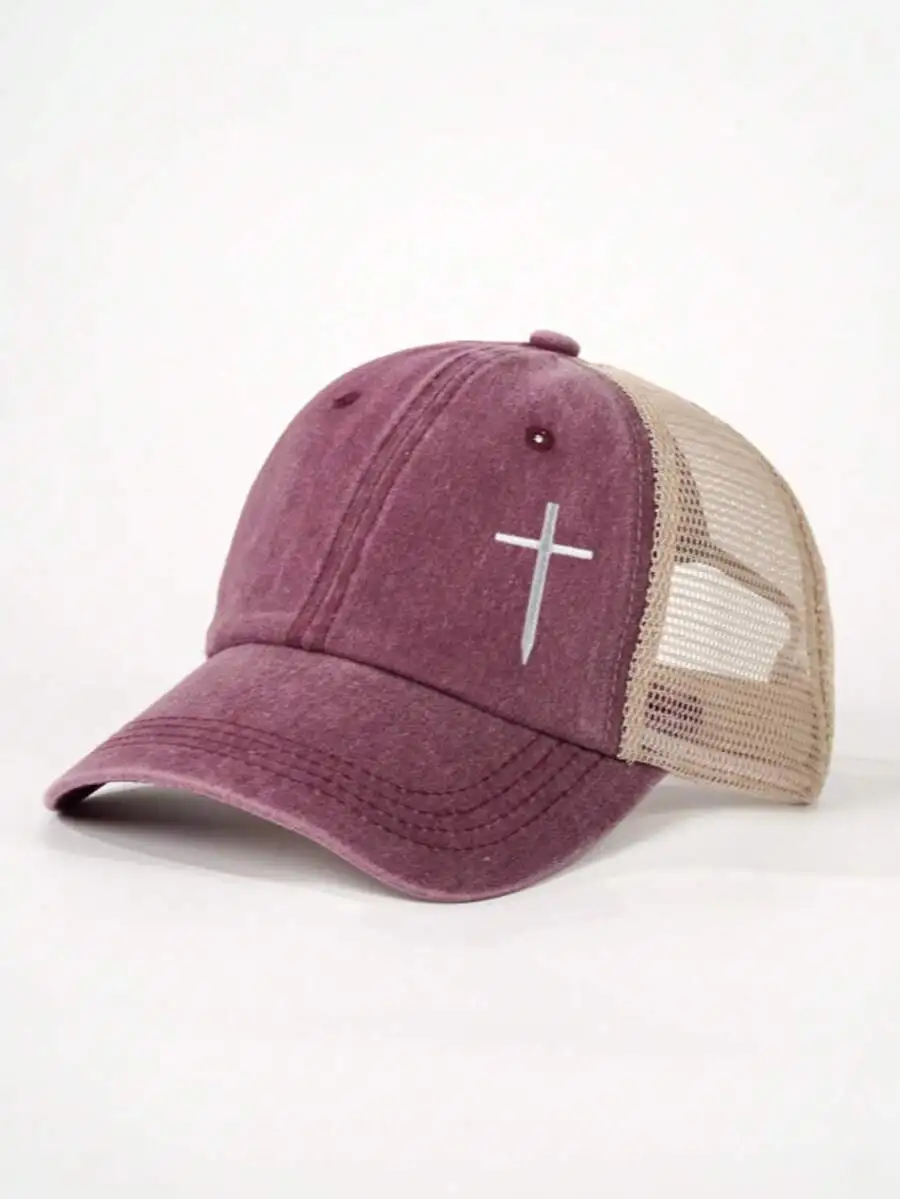 1pc Women's Embroidered Cross Washed Baseball Mesh Cap, Adjustable Trucker Hat For Outdoor, Spring/Autumn Travel, Beach