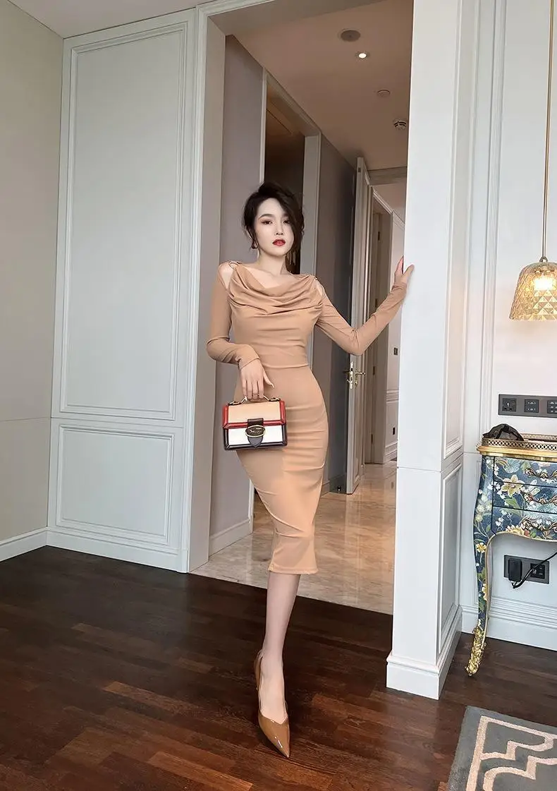 

Spring new style elegant pile collar off-shoulder waist celebrity style dress for women