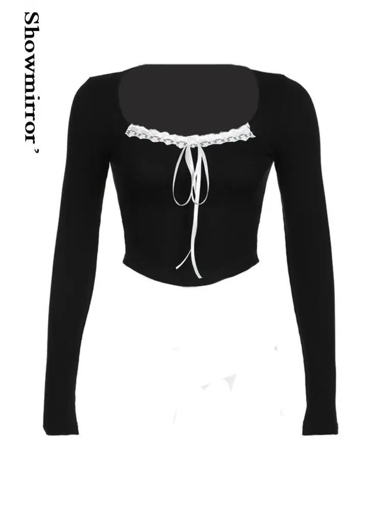 Cute black lace crop top tshirt for women spring sexy Bandage Bow t-shirt long sleeve Square Collar Tees shirt tops Coquette