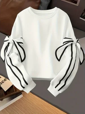 Women Crew Neck Sweatshirt Side Striped Bow Detail Long Sleeve Loose Pullover Top