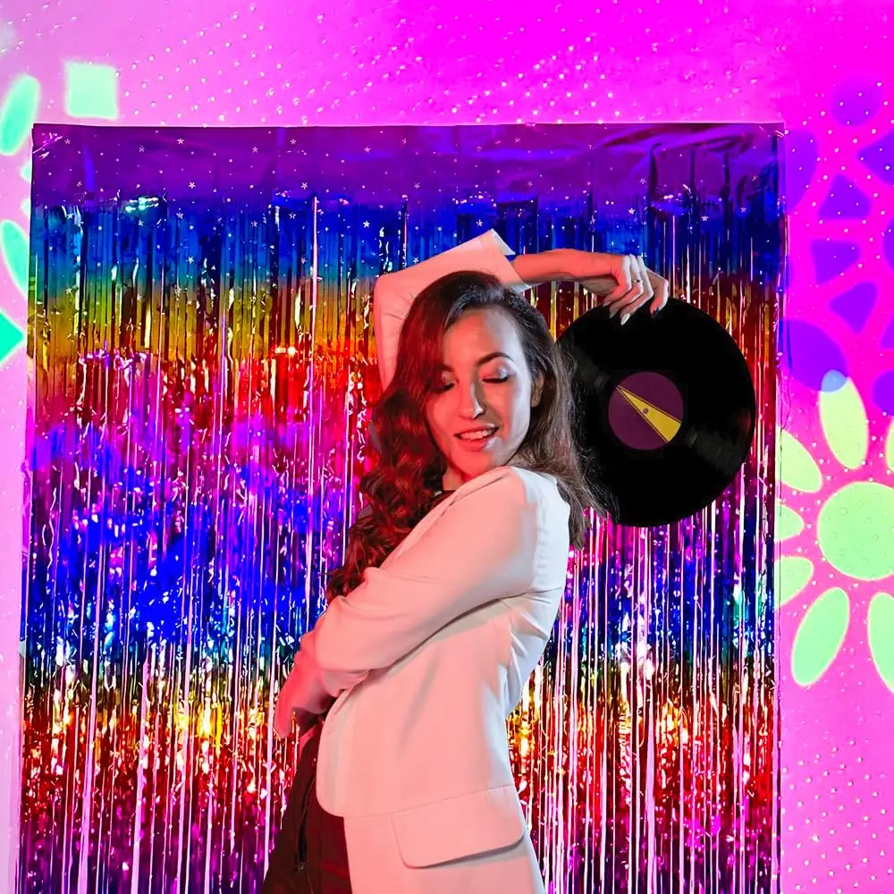 Funkelnder Regenbogen-Farbverlauf, Lametta-Folie, Fransen-Vorhang, Hintergrund, verdickter Glitzer-Regenbogen für Geburtstags-Disco-Party-Dekoration im 80er- und 90er-Jahre-Stil – Detail 4