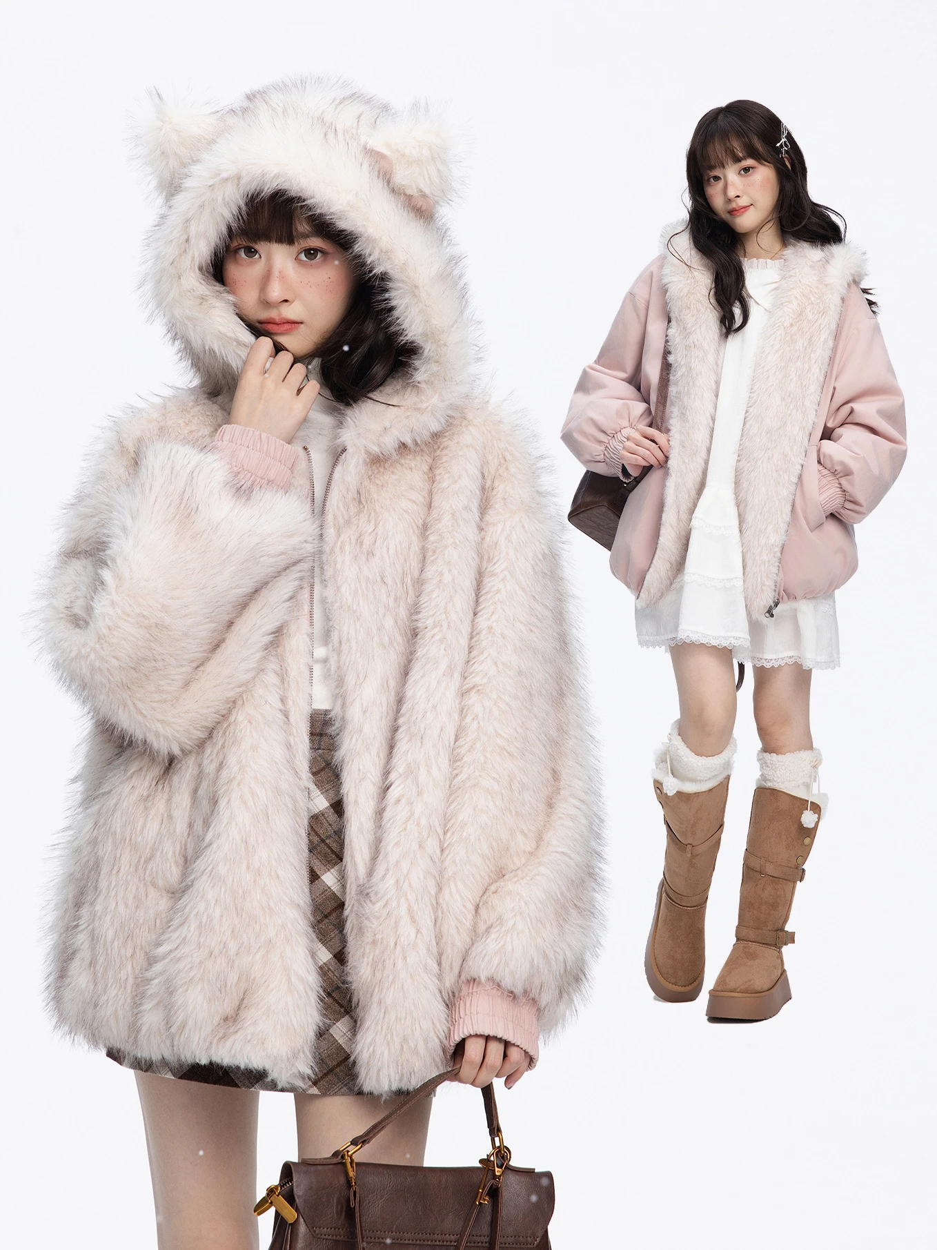 

Sweet Fi Saltl Plu Double-Sided Wear Pink Outerwear Women's Winter Small Size Fur And Leather Inteated Warmth Thermal