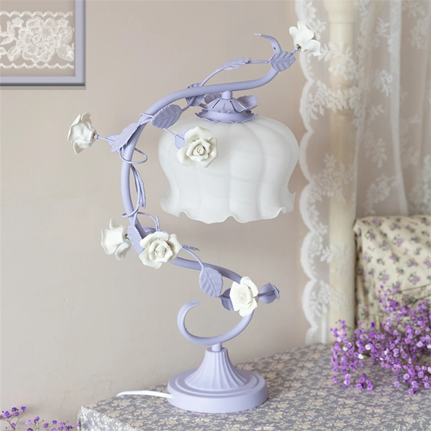 Pastoral European purple flower vine table lamps bedroom princess rose flower study living room girl wedding bedside desk lights