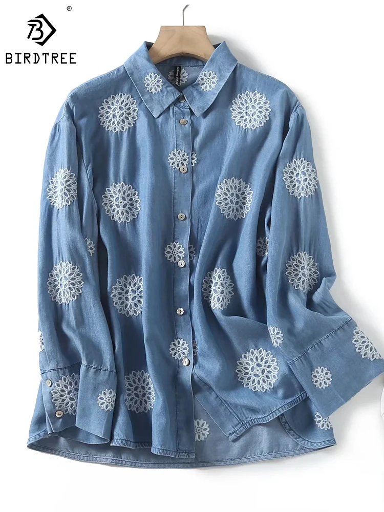 2023 Fall New Cotton Denim Shirt Vintage Embroidered Women's Long Sleeve Literary Casual Commute Comfortable Blouse T39524QD