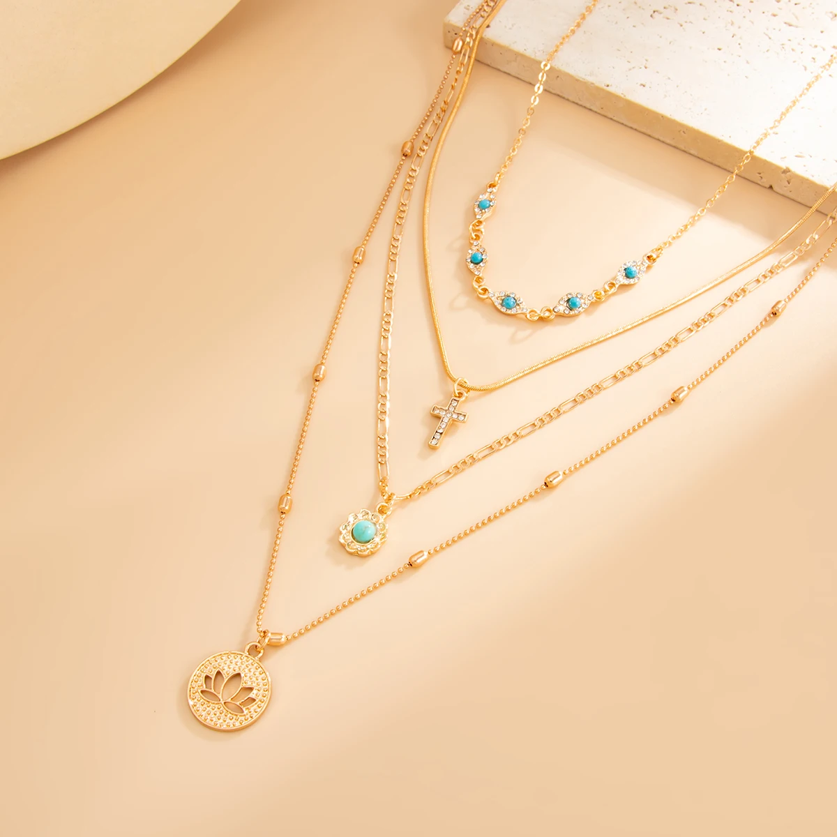 

SHIXIN Bohemian Multi Layer Cross Round Pendant Necklace Set for Women 2Pcs Vintage Gold Color Chain Necklace Lady Jewelry Gift