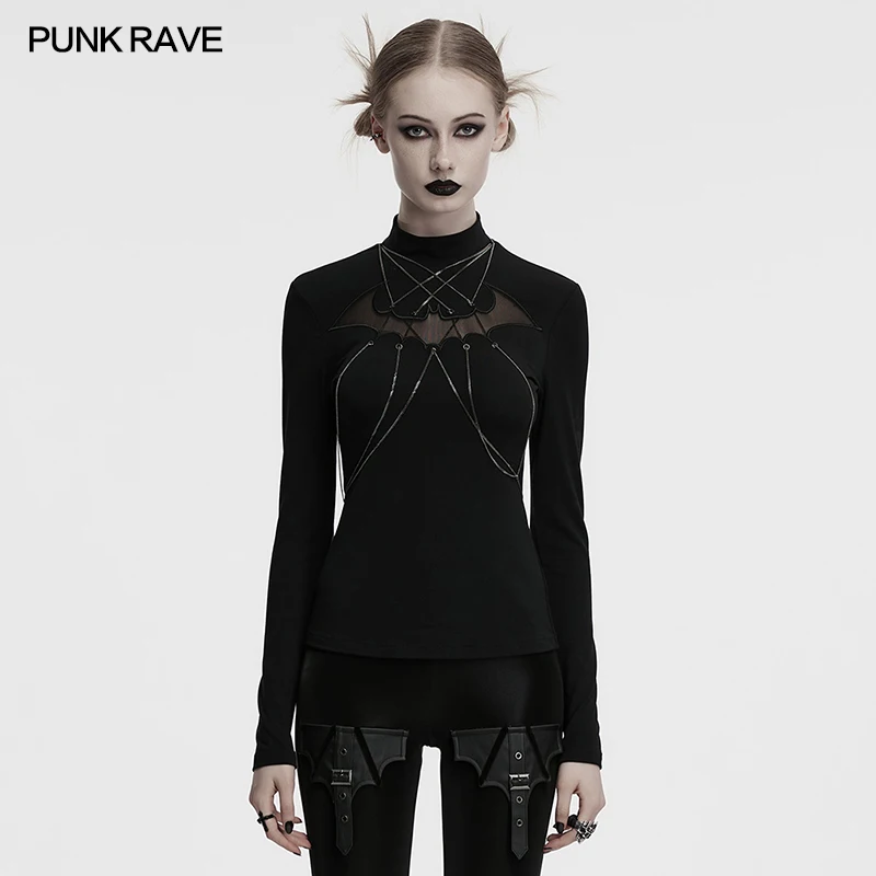

PUNK RAVE Women's Black Bat Embroidered Hollowed Chain Base T-shirt Rebellious Personality Female Tops Tees