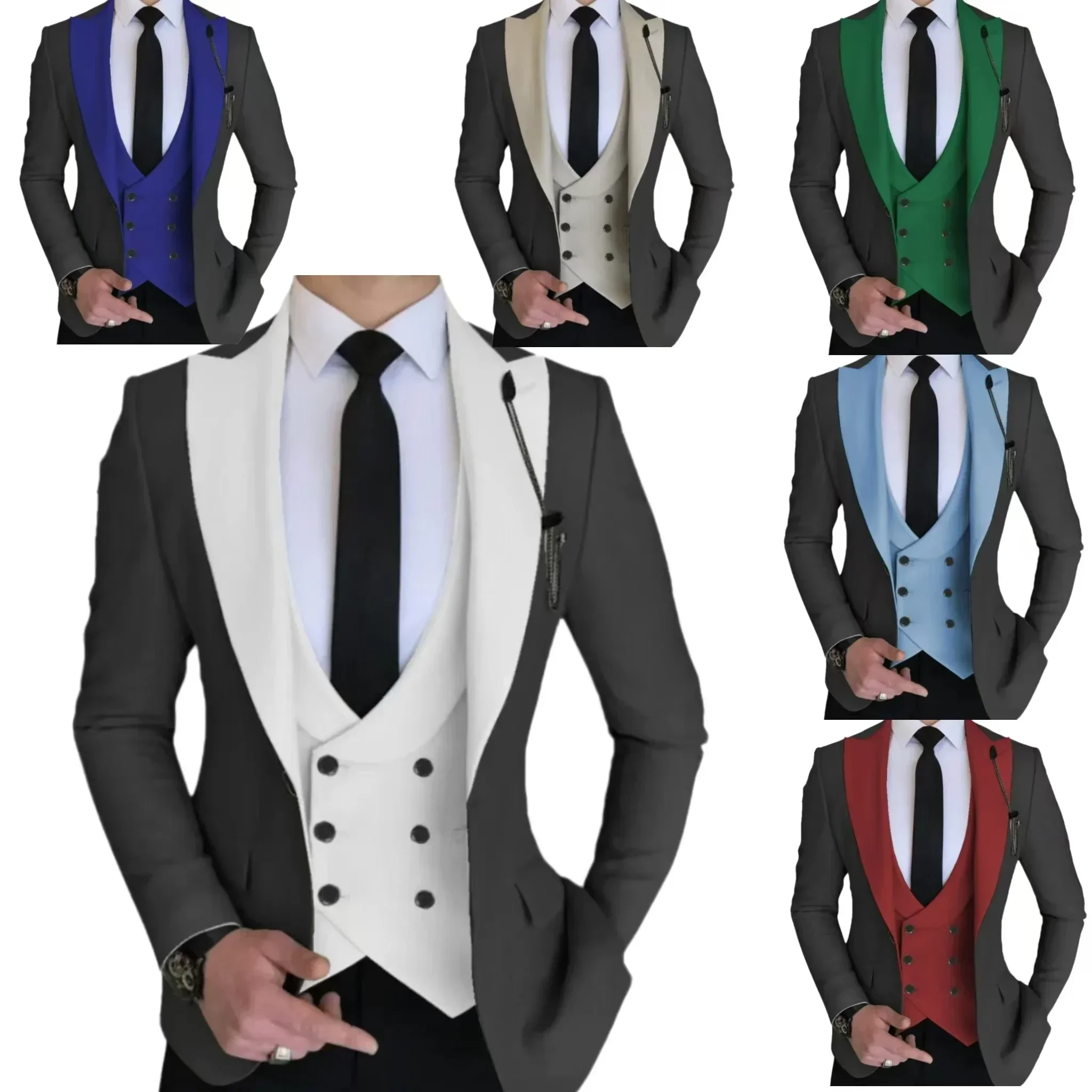 Formeller Herrenanzug, 3-teilig, Blazer, Weste und Hose, schmale Passform, Smoking, spitzes Revers, Brautkleider, Abschlussball, Abendkleid, Business