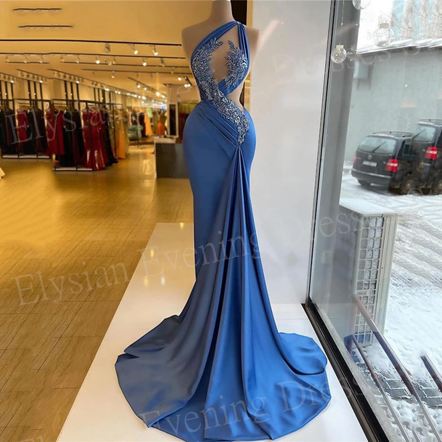 Graceful Sexy Blue Women's Mermaid Charming Evening Dresses Modern One Shoulder Sleeveless Prom Gowns Beaded Vestidos De Noche