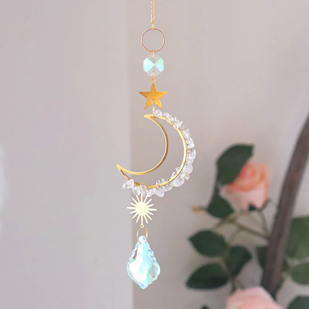 Custom Clear Quartz Chip Stone Sun Catcher - Celestial Moon & Star Pendant Hanging Ornament for Window Decor