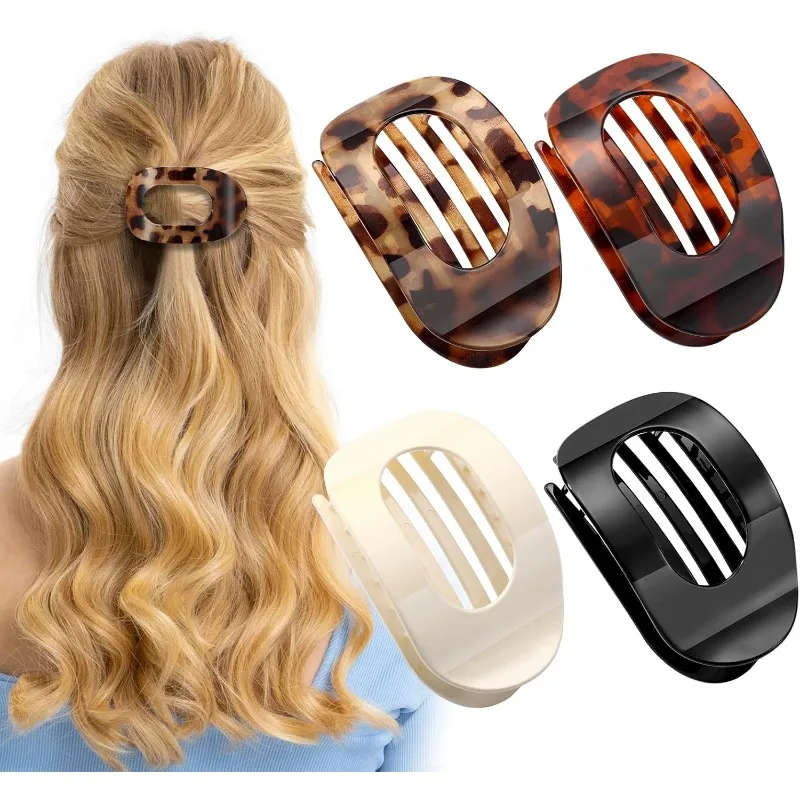 New! For Women Design Leopard Matte Curved Flat Styling Barrettes Acrylic Hair Accessories Fashion Oval Hair Claw Clip 4pcs