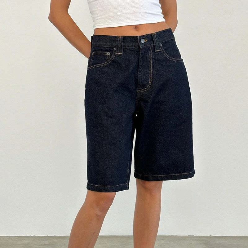 

PTKPCC Women's Loose Denim Shorts Solid Color Low Rise Wide Leg Shorts with Pockets Summer Casual Jeans Mid Pants Streetwear