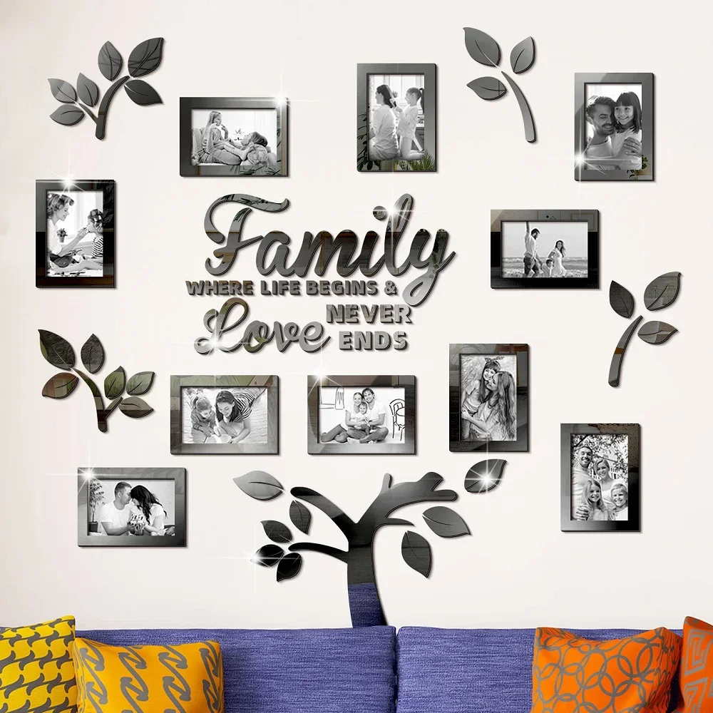 Acrylic Home Growth Tree Wall Stickers 3D Genealogy Mirror Wall Stickers DIY Photo Collage Photo Frame Stickers Home Decoration