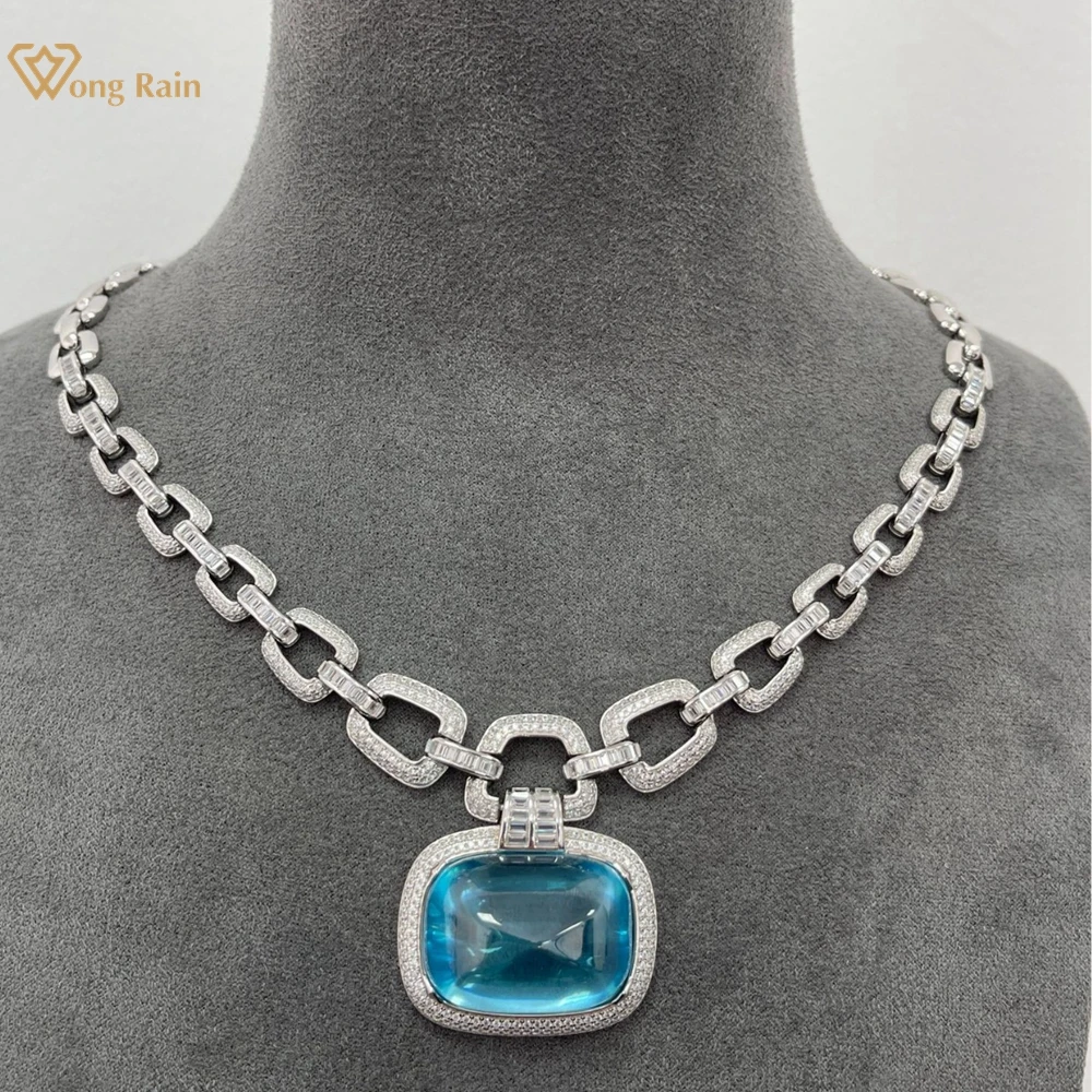 

Wong Rain Luxury 925 Sterling Silver Sugar-loaf Cut Aquamarine High Carbon Diamond Gemstone Cuban Chain Pendant Necklace Jewelry