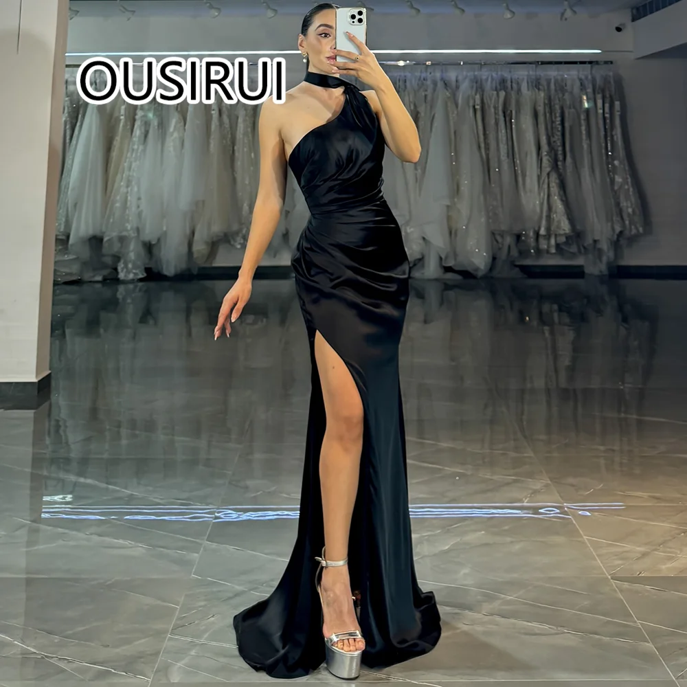 Halter Satin Simple Evening Party Dress Side Slit Court Backless and Zipper Sexy Mermaid Custom Made Women Evening Gown