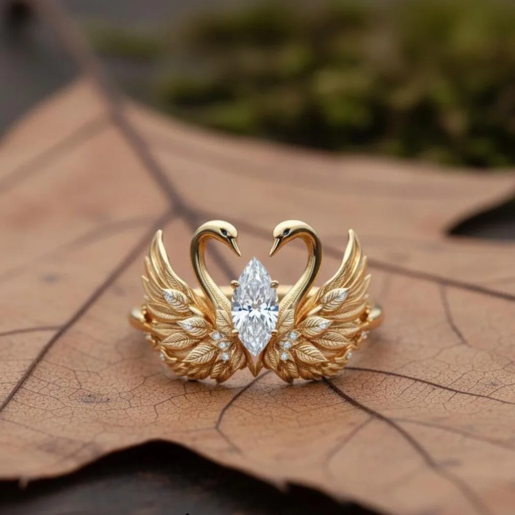 European-style Swan-wing Engagement Ring - High-quality Marquise-shaped Zirconia- 18k Gold Women Ring -Daily Versatile Accessory - view 3