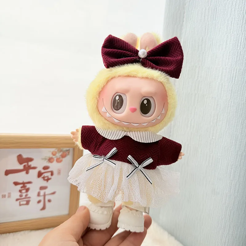 17cm Labubu I II Idol Dolls Clothes Burgundy White Gauze Dress Accessories Korea Kpop Exo Clothing Plush Doll'S Clothes