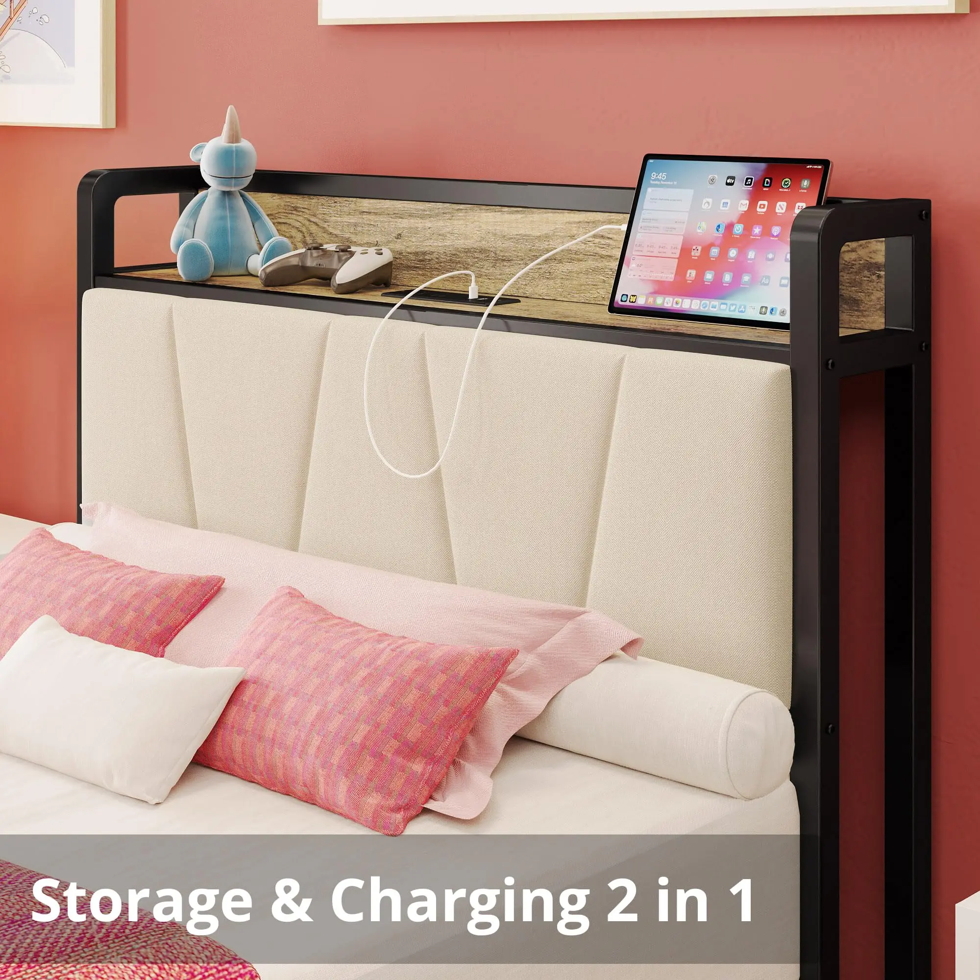 LIKIMIO Twin XL/Full/Queen/CaliforniaKing Bed Frames, Storage Headboard with Charging Station, No Box Spring Needed