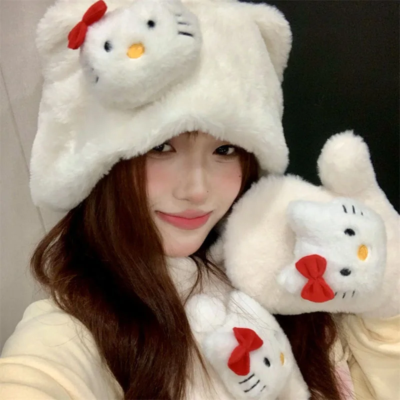 New Hello Kitty Hat Three-Piece Scarf Gloves Cute Winter Earmuffs Cycling Warm Girls Plush Student Gifts