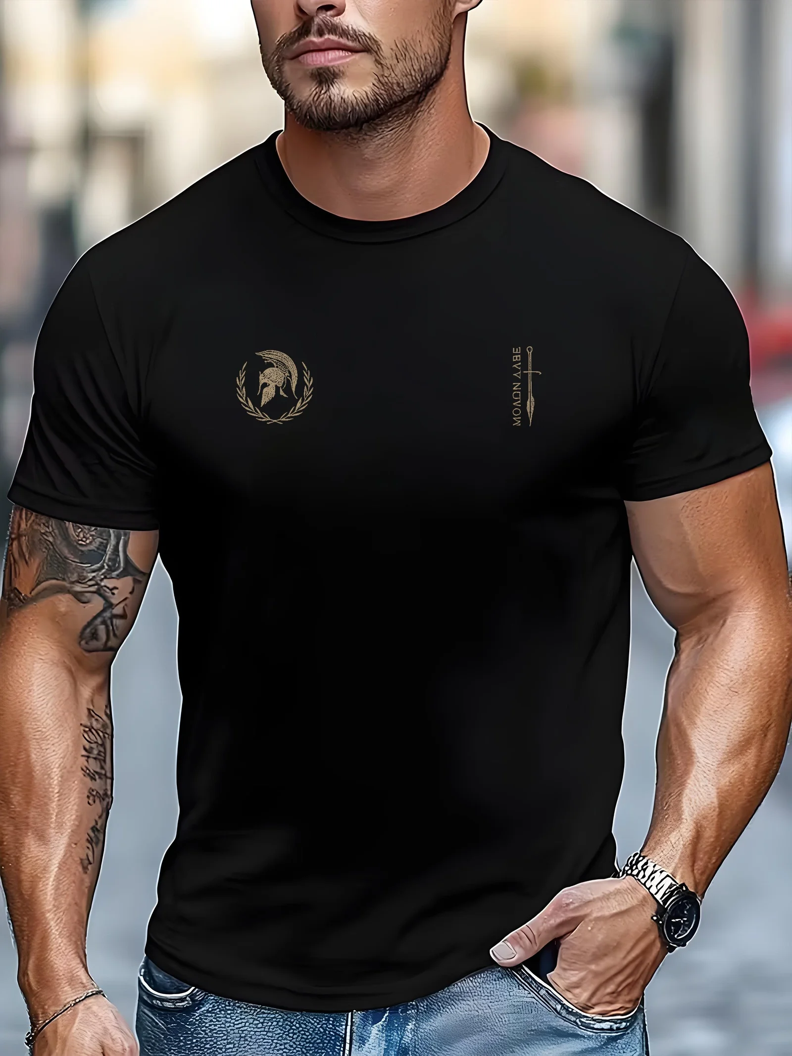 Camiseta Masculina Estampada Espírito Espartano Verão 2026 com Estampa de Guerreiro Espartano, Camisa Casual Regular Adequada para Academia e Uso Diário