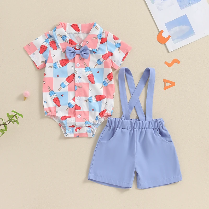 

4th of July Infant Baby Boy Outfits Short Sleeve Romper Bowtie Shirt Suspender Shorts 2Pcs Gentleman Clothes Set