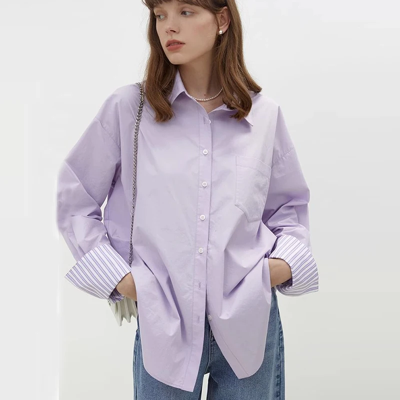 

Casual Loose Shirt And Blouse Turn-down Neck Purple Patchwork Stripe Long Sleeved Clothes Top Single Breasted Simple Streetwear