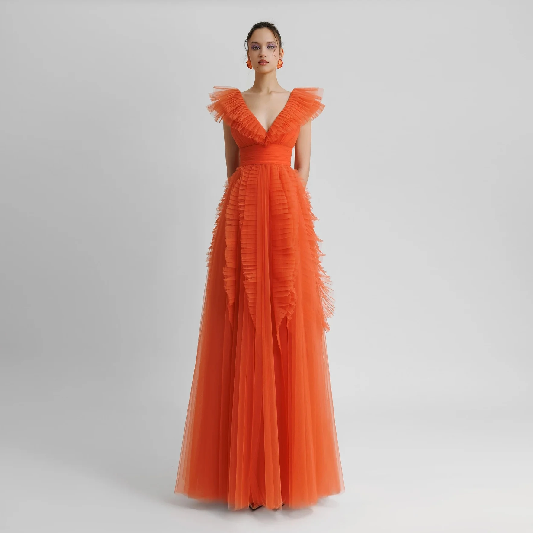 Simple Orange Pleated Tulle Formal Occasion Dresses V Neck Backless Long Prom Party Dress vestidos de fiesta elegantes para muje