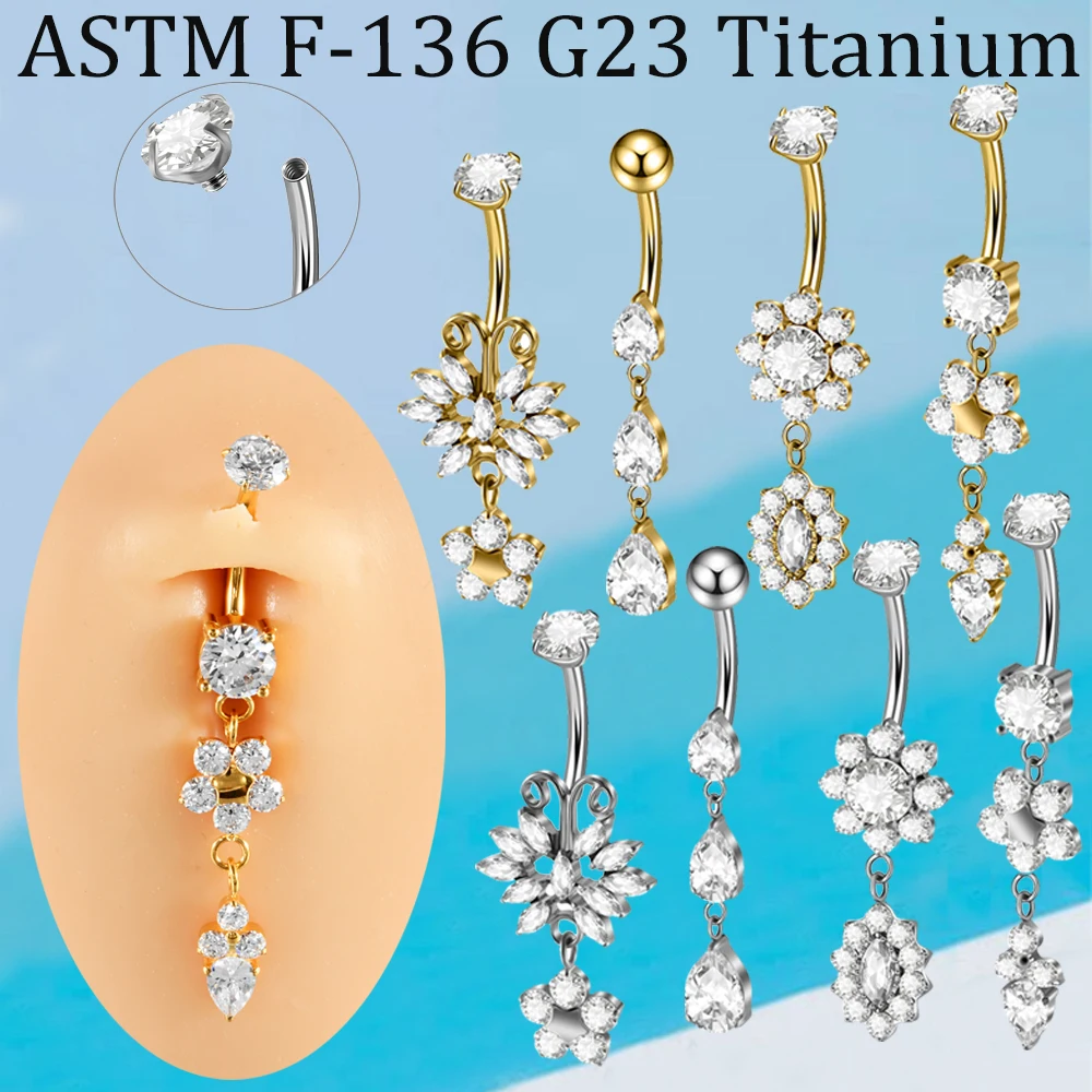 1/5PCS F-136 Implant Titanium Long Belly Ring Whit Flower Waterdrop Pendant Zirconia Internal Thread Piericng Belly Button Ring