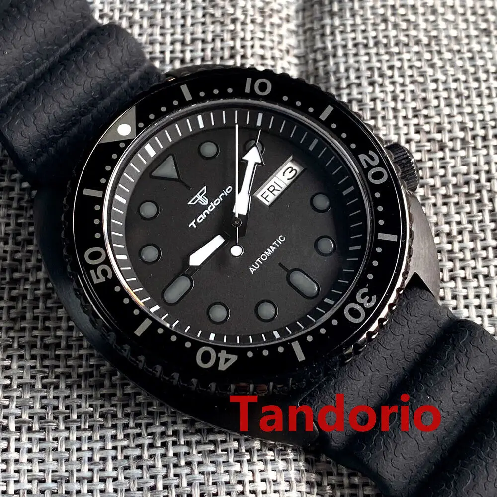 Tandogio – montre de plongée automatique pour hommes, 44mm, verre saphir NH36A, 200M, affichage jour/Date, bracelet en caoutchouc, noir, cadran PVD,