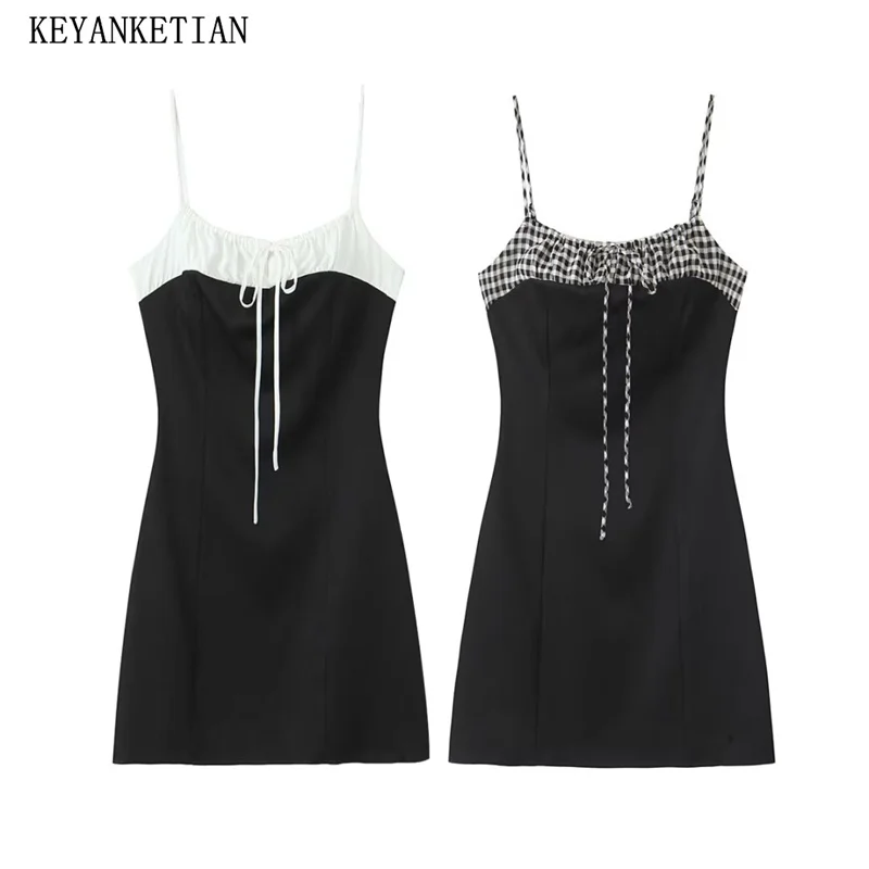 

KEYANKETIAN 2024 New Women's Lace Up Slash neck Patchwork Slip Dress Summer Y2K Spicy Girl Slim Sleeveless Low cut Mini Dresses