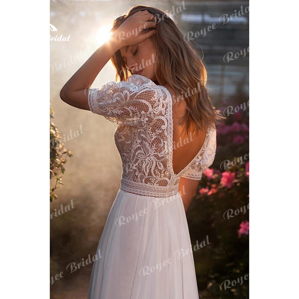 Vestido de novia bohemio para mujer, traje Sexy de gasa con abertura lateral y cuello en V, Manga corta abullonada, Top de encaje, línea A, personalizado, 2025