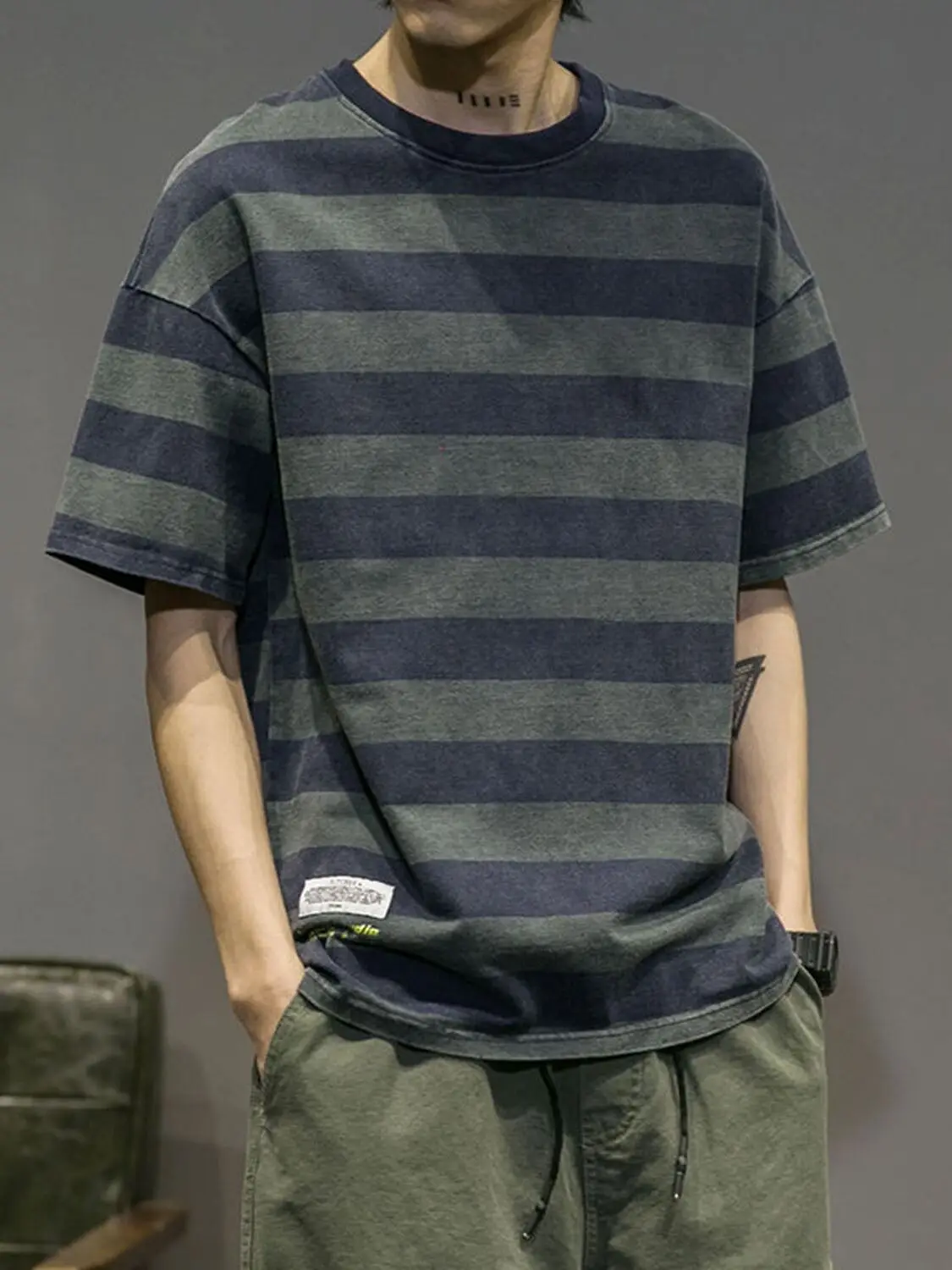 Summer Men's Loose Cotton T-Shirt Short Sleeve Retro Striped Korean Style Half Sleeve Printed Casual Breathable Fashion Top