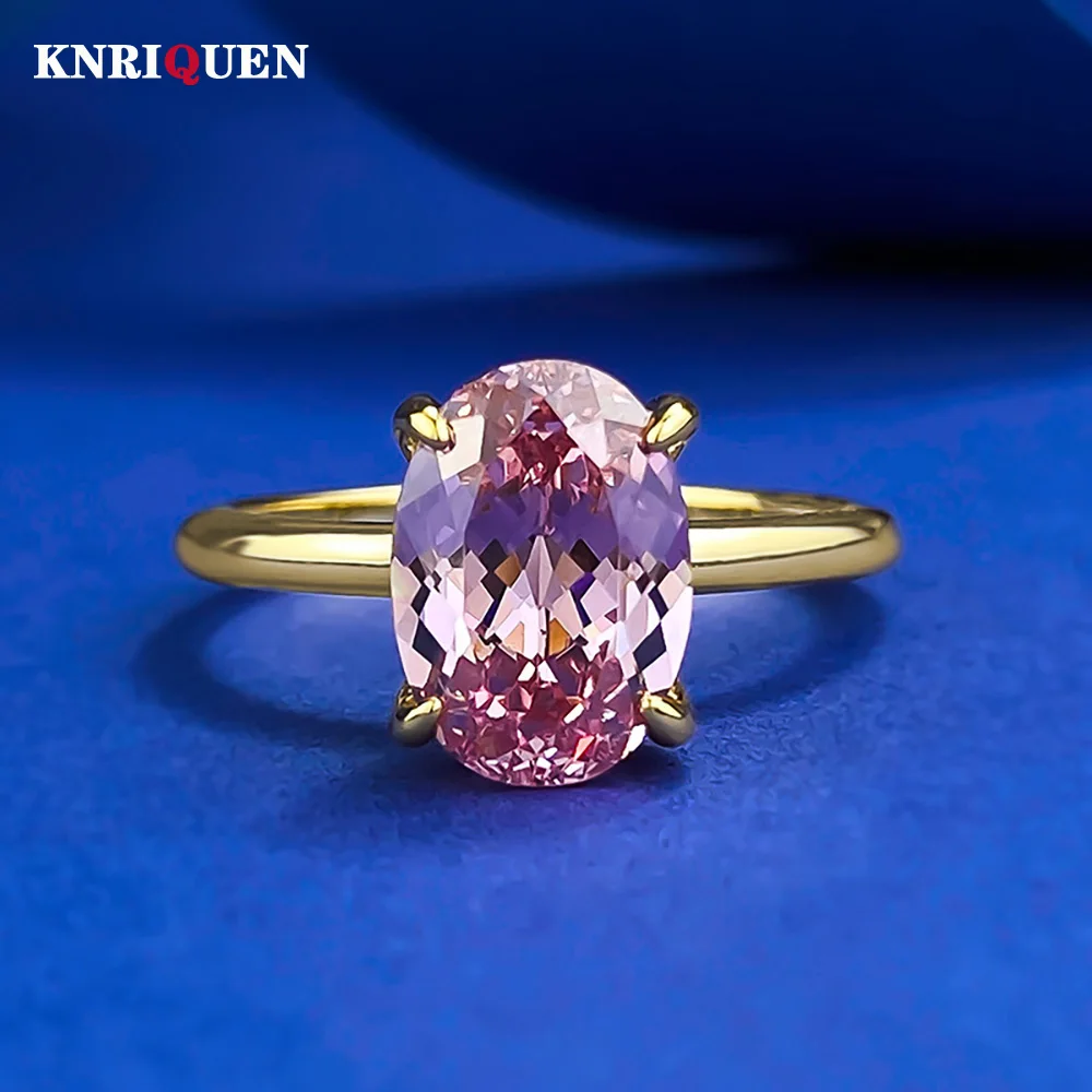 Luxury 18K Gold Plated 925 Sterling Silver 7*10mm Pink Morganite Diamond Rings for Women Wedding Engagement Party Fine Jewelry