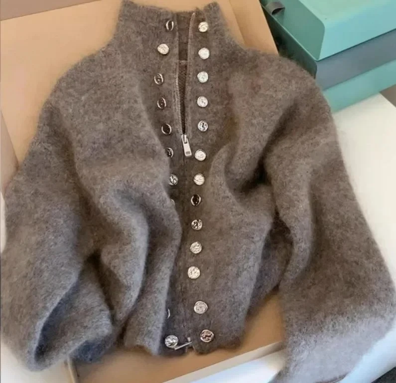 

Gray Double-Row Button Stand Collar Sweater Jacket Women's Autumn Winter Thickened Lazy Zipper Knitted Top