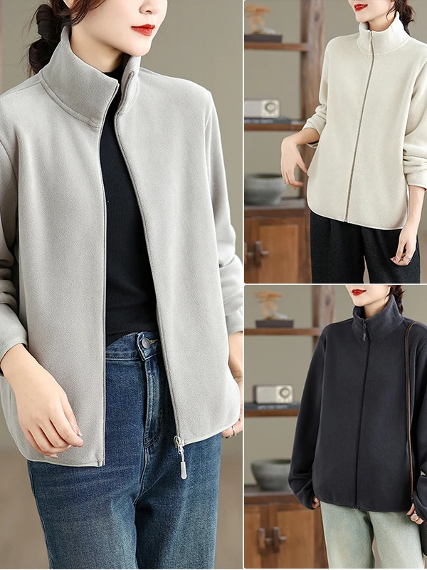 Thickened Fleece Zipper Hoodie Jacket Women's Stylish Warm Sporty Style Base Layer Coat Home Use Pure Color Polyester Fiber